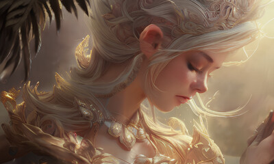 Portrait of beautiful fairy woman. Drawing, Fantasy, Realistic, Style, White Hair