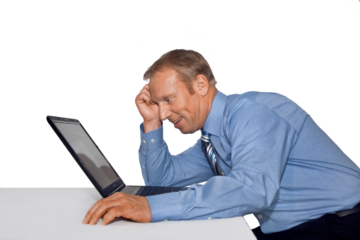 Gesture series: geschaeftsmann is working on his laptop and is a little perplexed.