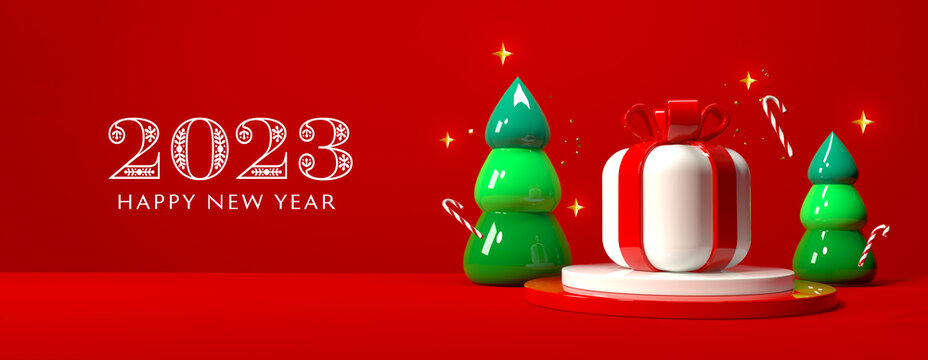 2023 Happy New Year message with gift boxes and trees on a red background