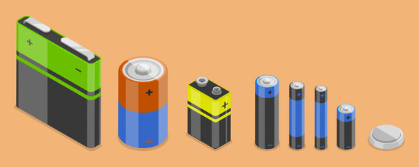 3D Isometric Flat Vector Conceptual Illustration of Battery Set, Alkaline Batteries Dfferent Size