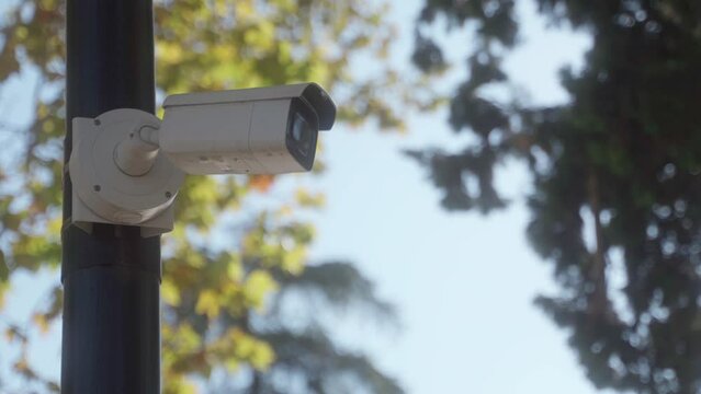 CCTV camera on a black park pole. remote security surveillance system. video security surveillance in public and private area. Big brother is watching.