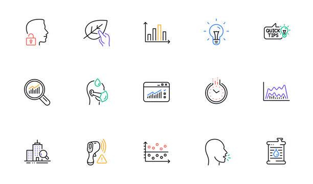 Time, Dot Plot And Unlock System Line Icons For Website, Printing. Collection Of Organic Tested, Sick Man, Diagram Graph Icons. Cough, Data Analysis, Web Traffic Web Elements. Oil Barrel. Vector