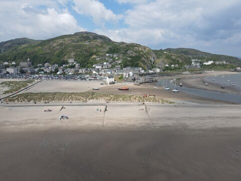 Barmouth seaside town in Wales UK drone aerial view