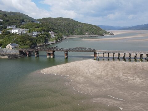 Barmouth railway viaduct  Wales UK drone aerial view.