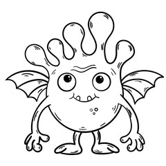 White monster with black outline for a colouring book. Isolated cartoon alien. Cute round gremlin.
