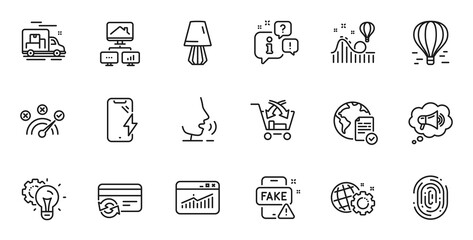 Fototapeta premium Outline set of Fake news, Seo gear and Fingerprint line icons for web application. Talk, information, delivery truck outline icon. Include Work home, Cross sell, Online voting icons. Vector