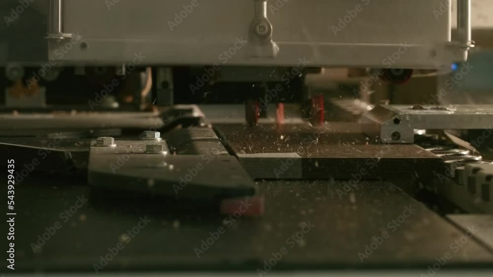 Poster close-up of automated drilling machine on wood. creative. automated machine for production of wood p