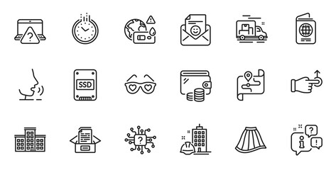 Outline set of Map, Time and Love glasses line icons for web application. Talk, information, delivery truck outline icon. Include Construction building, Online question, Ssd icons. Vector