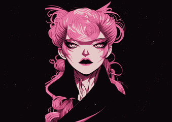 portrait of a girl in Anime Gaming Style, vector art in pink purple rosa