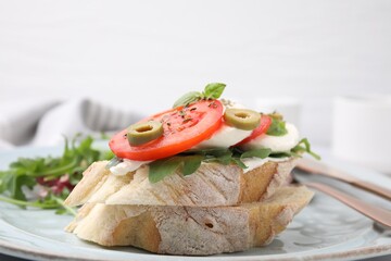 Tasty bruschetta with tomatoes, mozzarella and olives on plate, closeup