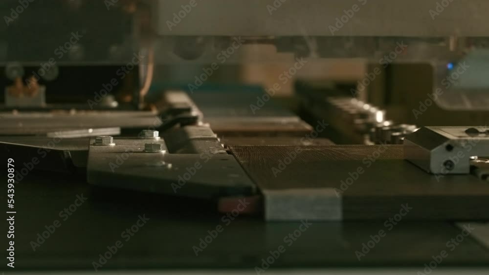Poster close-up of automated drilling machine on wood. creative. automated machine for production of wood p