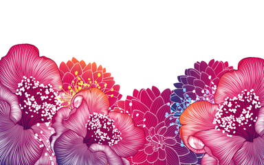 Hand drawn floral pattern with camelia and dahlia flowers. Vector illustration. Element for design.