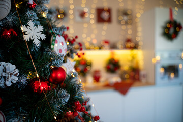 Christmas Tree with Decoration On A Winter Background With Bright Lights