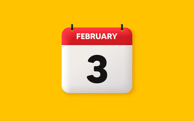 Calendar date 3d icon. 3rd day of the month icon. Event schedule date. Meeting appointment time. Agenda plan, February month schedule 3d calendar and Time planner. 3rd day day reminder. Vector