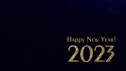 Happy New Year 2023 luxury gold textured letters and numbers on dark blue cloth gift card 3D render