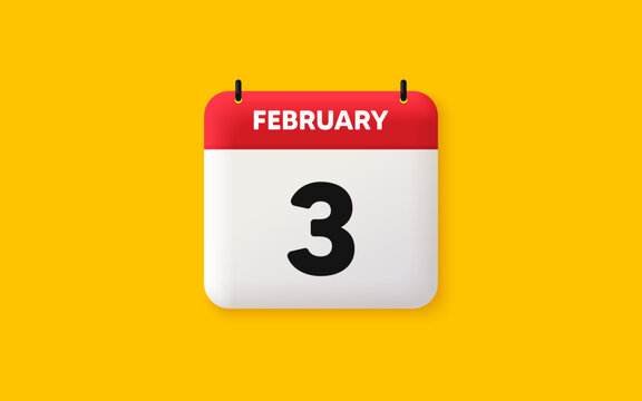 Calendar date 3d icon. 3rd day of the month icon. Event schedule date. Meeting appointment time. Agenda plan, February month schedule 3d calendar and Time planner. 3rd day day reminder. Vector