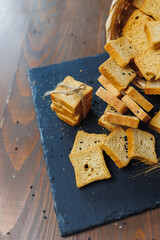 Fresh croutons made of whole grain flour, golden in color. Toasts for delicious sandwiches