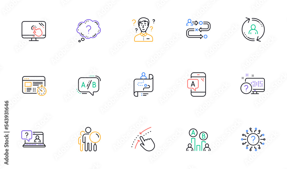 Poster ux line icons. ab testing, journey path map and question mark. quiz test linear icon set. bicolor ou