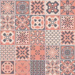 Pink square seamless pattern, spanish tiles Azulejo talavera, pastel gray decoration, vector illustration