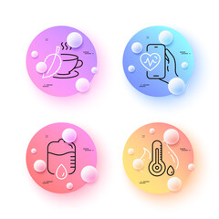 Cardio training, Fever temperature and Mint tea minimal line icons. 3d spheres or balls buttons. Drop counter icons. For web, application, printing. Fitness app, Thermometer, Mentha beverage. Vector