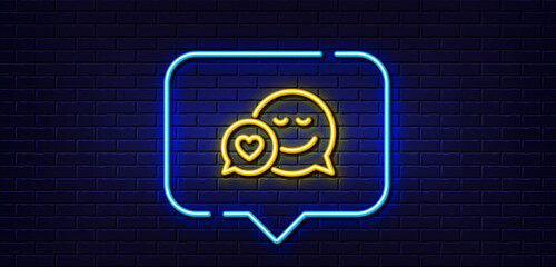 Neon light speech bubble. Comic speech bubble with Smile line icon. Chat emotion with heart sign. Neon light background. Dating glow line. Brick wall banner. Vector