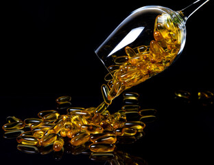 Fish oil capsules. Yellow omega 3 pills in jar on the dark black. fish oil capsules in wineglass...