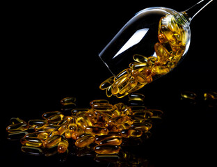 Fish oil capsules. Yellow omega 3 pills in jar on the dark black. fish oil capsules in wineglass...