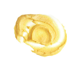 Smear of delicious mustard isolated on white, top view