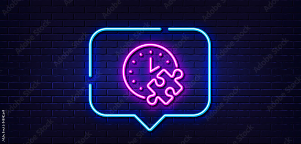Poster neon light speech bubble. puzzle time line icon. jigsaw piece with clock sign. business challenge sy