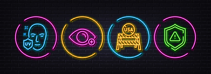 Usa close borders, Uv protection and Farsightedness minimal line icons. Neon laser 3d lights. Shield icons. For web, application, printing. Coronavirus restrictions, Ultraviolet, Eye vision. Vector