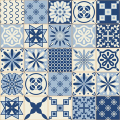 Ceramic tiles for wall decoration, blue indigo monochrome color, stylish illustration for interior design