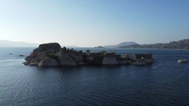Aerial view of Lake Bafa is a lake and a nature reserve as well as the ruins of Heraclea by Latmus, Turkey