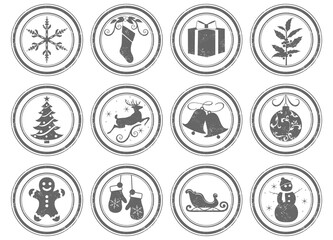 A set of 12 unique grunge stamps, Christmas themed. Each stamp is isolated, grouped, labeled, and on an individual layer.
