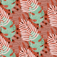 Fototapeta na wymiar Seamless pattern with tropical palm leaf on brown background, vector illustration for design