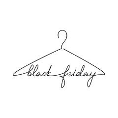 Black Friday one line continuous lettering. Hand drawn clothes hanger icon for banner, flyer, showcase design, retail shop, outlet. Sale concept.