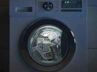 Dirty money laundering concept. Dollar packs laundering in washing machine under clioud of night.