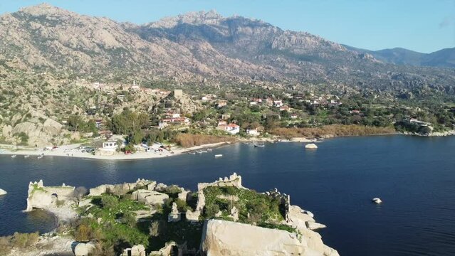 Aerial view of Lake Bafa is a lake and a nature reserve as well as the ruins of Heraclea by Latmus, Turkey