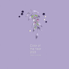 Background from abstract leaves coloured in trendy lavender color. Text Color of the year 2023 Digital Lavender. Minimalist design. 3D illustration