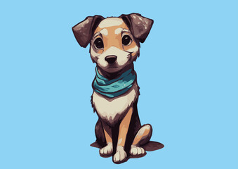 illustration of cute puppy dog with blue scarf sitting, vector