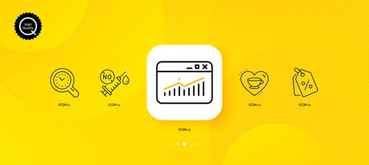 Fototapeta na wymiar Coronavirus vaccine, Love coffee and Website statistics minimal line icons. Yellow abstract background. Discount tags, Time management icons. For web, application, printing. Vector