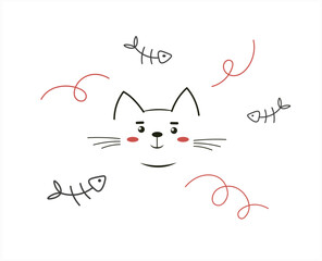 Cat face. Cute line icon of the face of a kitten dreaming of a fish. Vector illustration isolated on white background.
