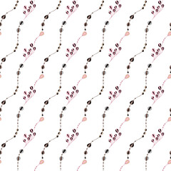 Diagonal striped pattern of floral elements. Fantasy buds of pink, brown, black color. Smooth wavy stripes on a transparent background.