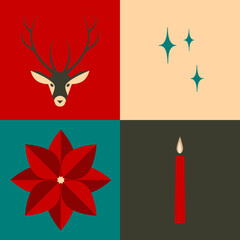 Minimal, simple holiday icon set: reindeer, stars, poinsettia, candle in greens, reds, off-white, and gray. Danish or modern illustration style.
