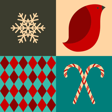 Minimal, simple holiday icons: snowflake, partridge, candy cane, wrapping paper; in greens, reds, off-white, and gray. Danish or modern illustration style.