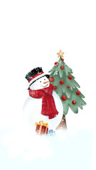 Cute snowman with black hat and red scarf costume is standing with Christmas tree, red Christmas lights and gift boxes on the snow. Falling snow. Hand drawn watercolor image.