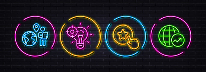Loyalty star, Outsource work and Seo idea minimal line icons. Neon laser 3d lights. World statistics icons. For web, application, printing. Bonus reward, Remote worker, Performance. Vector