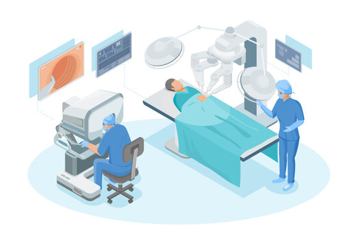operating room Robotic surgical systems medical technology  for precision and faster recoveries doctor use robot arm isometric