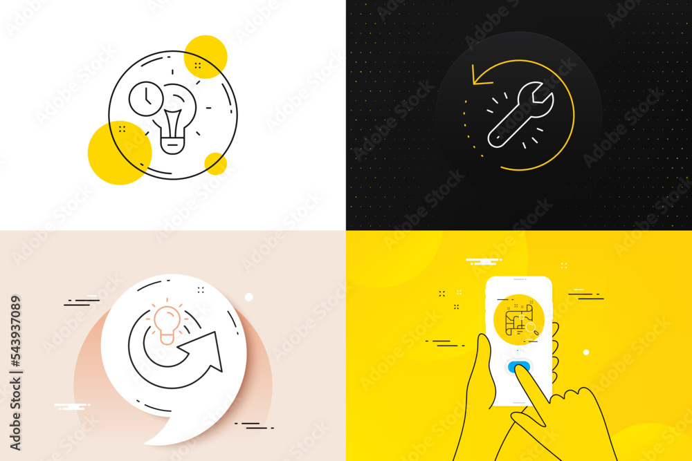Poster minimal set of recovery tool, time management and share idea line icons. phone screen, quote banners