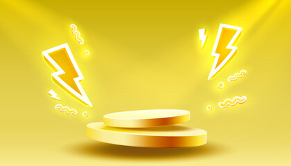 Electro scene mega sale, danger podium banner, neon night pedestal. Vector