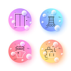 Lighthouse, Luggage insurance and Lift minimal line icons. 3d spheres or balls buttons. Ship icons. For web, application, printing. Searchlight tower, Baggage secure, Elevator. Vector